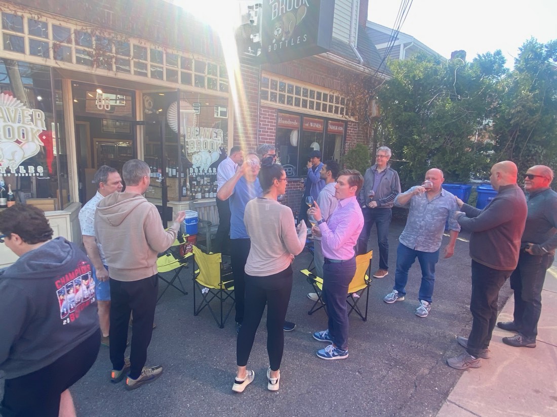 A celebration outside the shop
